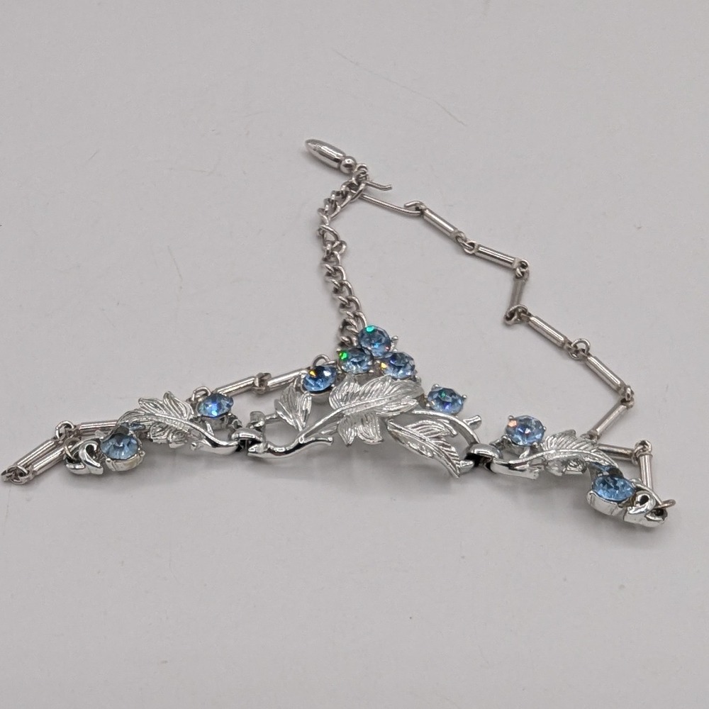 Vintage Silver Tone Blue Rhinestone Floral Leaf Vine Adjustable Choker Necklace